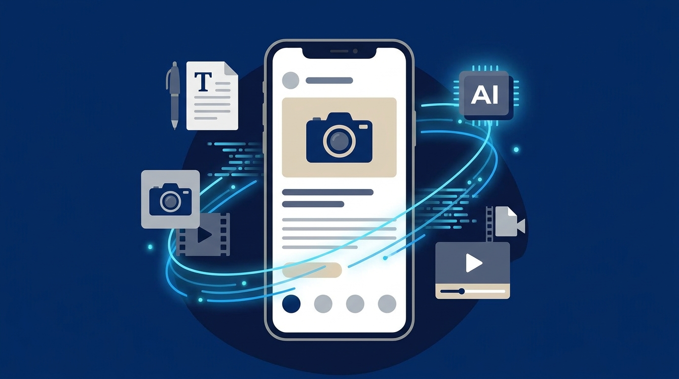 Ilustração de um anúncio de produto sendo otimizado por elementos de inteligência artificial, com ícones de texto, foto e vídeo