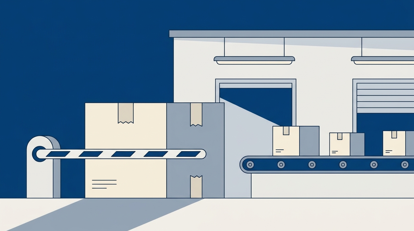 Ilustração de uma caixa grande sendo barrada na entrada de um centro de distribuição, representando as novas restrições do Mercado Envios Full