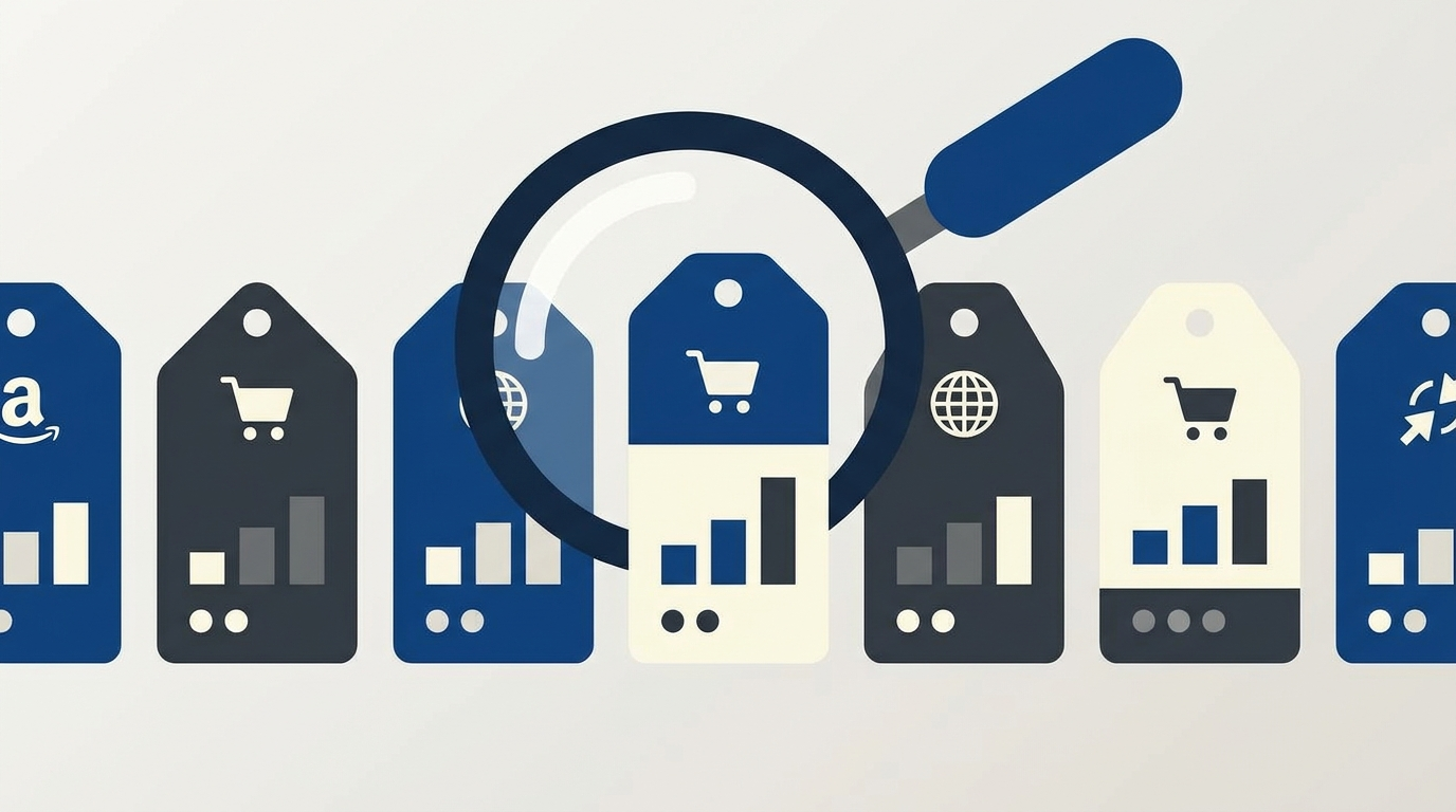 Ilustração de várias etiquetas de preço de marketplaces diferentes sendo comparadas por uma lupa, representando o monitoramento de preço competitivo