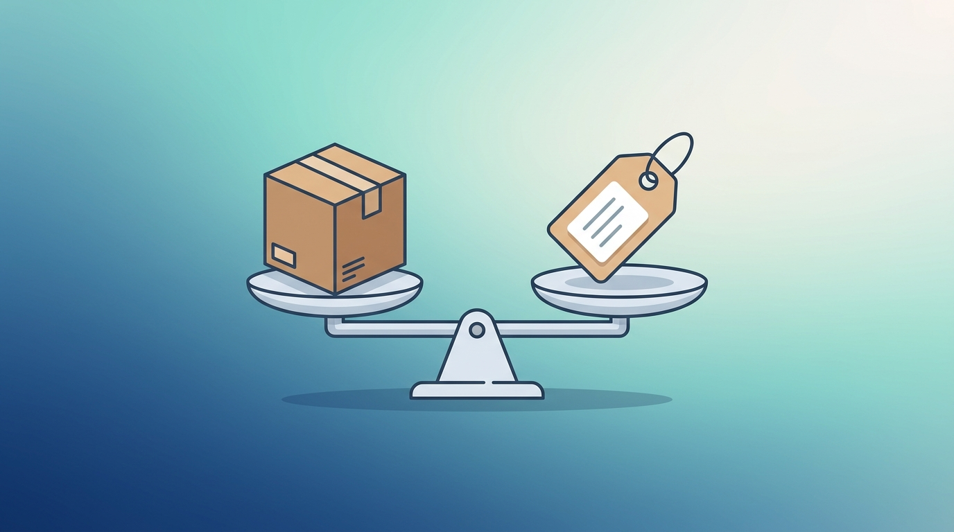 Ilustração de uma balança pesando uma caixa de encomenda ao lado de uma etiqueta de preço, representando o novo custo variável do Mercado Livre