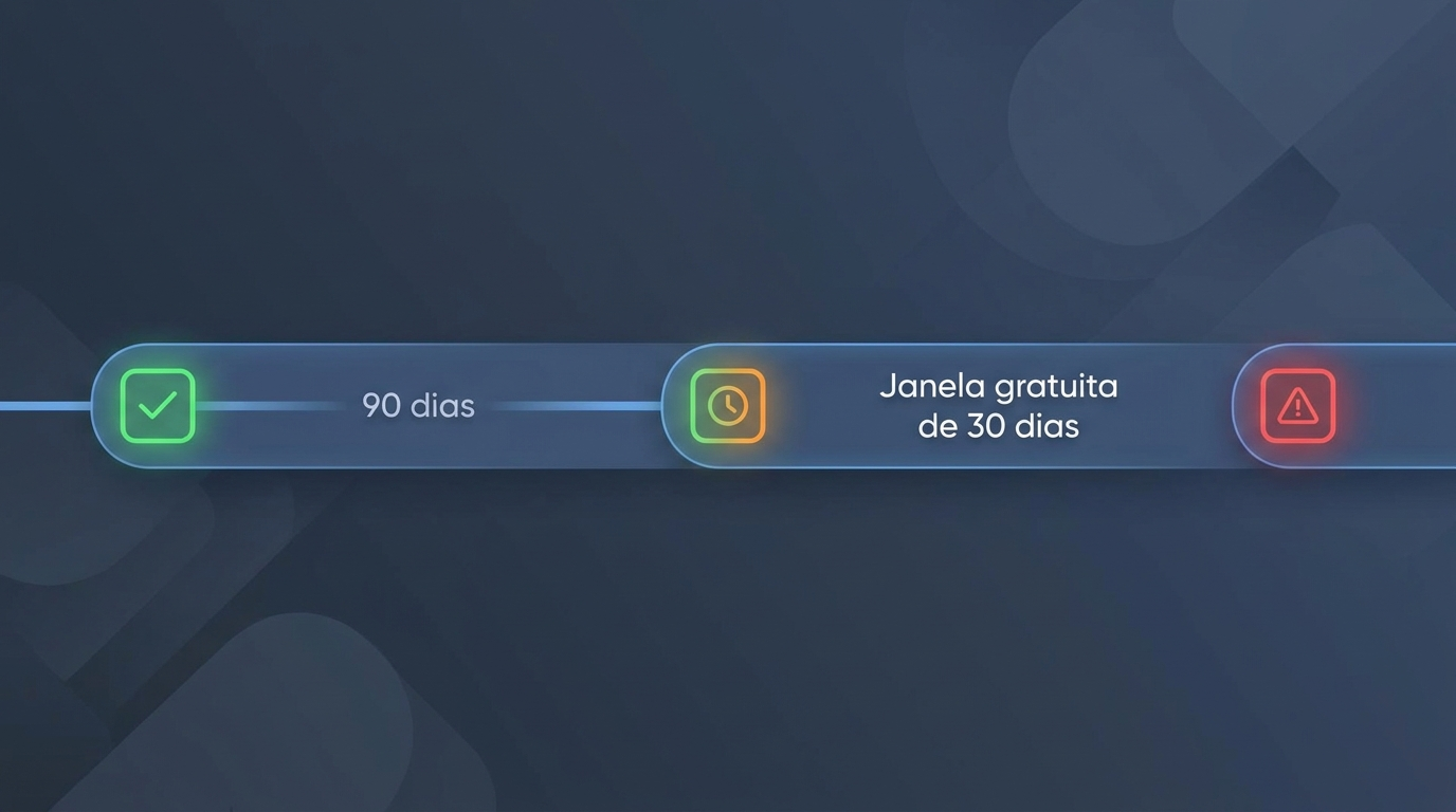 Ilustração de linha do tempo mostrando o periodo de 90 dias a esquerda com um símbolo de check, um segundo período de 30 dias com o texto "Janela gratuita de 30 dias" e um último período com um alerta vermelho