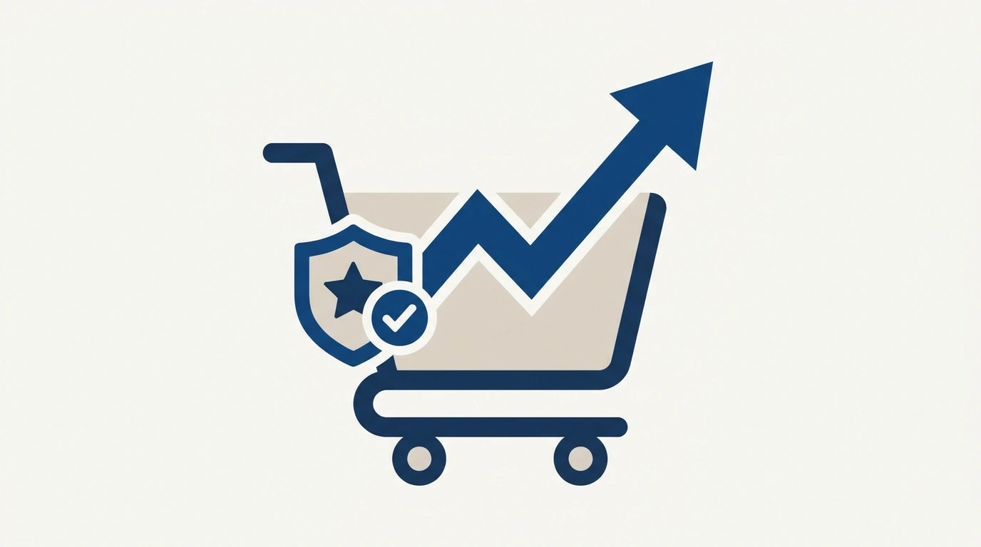 Ilustração de um carrinho de compras com um ícone de seta ascendente e um selo de qulidade