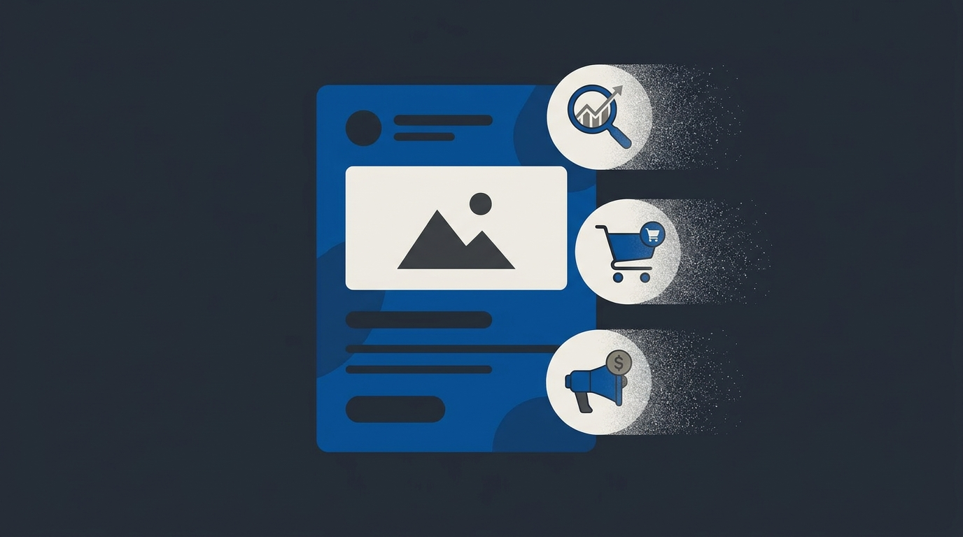 Ilustração com um produto listado com três ícones de perda: ranking de busca, buy box e ads